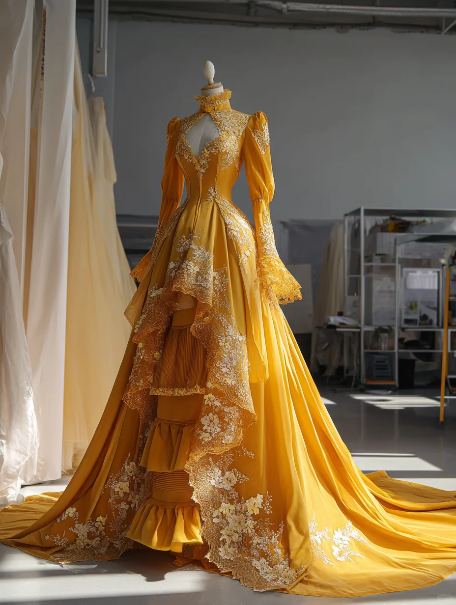 Mustard Yellow Victorian Lace Ball Gown with Keyhole Neck and Long Train  NV7488