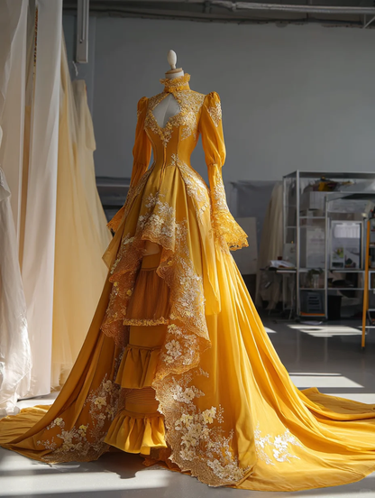 Mustard Yellow Victorian Lace Ball Gown with Keyhole Neck and Long Train  NV7488