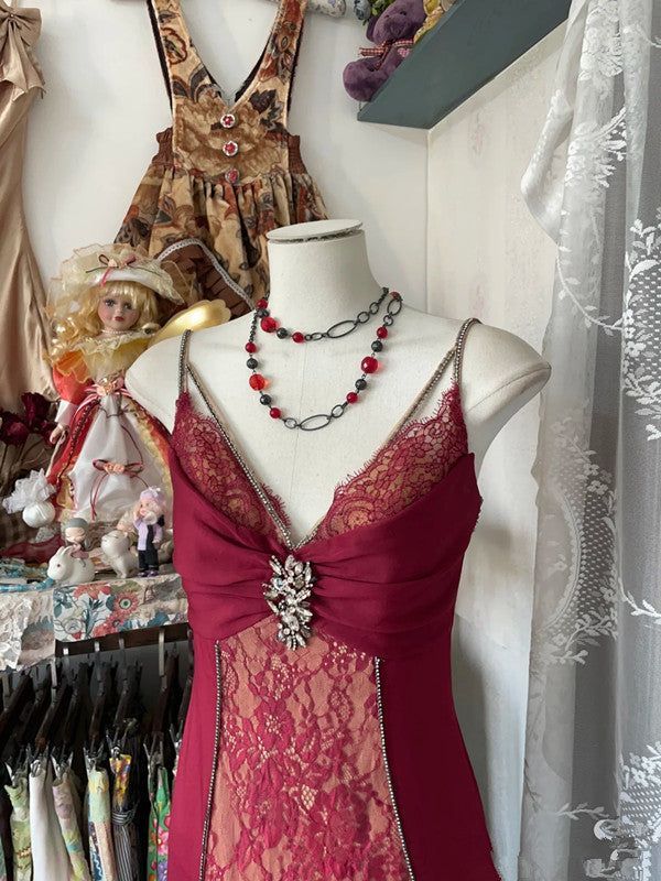 Burgundy Retro V-neck Lace Long Ball Gown Mermaid Evening Dress Party Dress nv2354