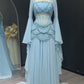 Fairy Luxury Court Style Light Blue Beaded Sheer-Sleeve Train Gown - Ocean Theme Wedding & Ball Dress NV6382