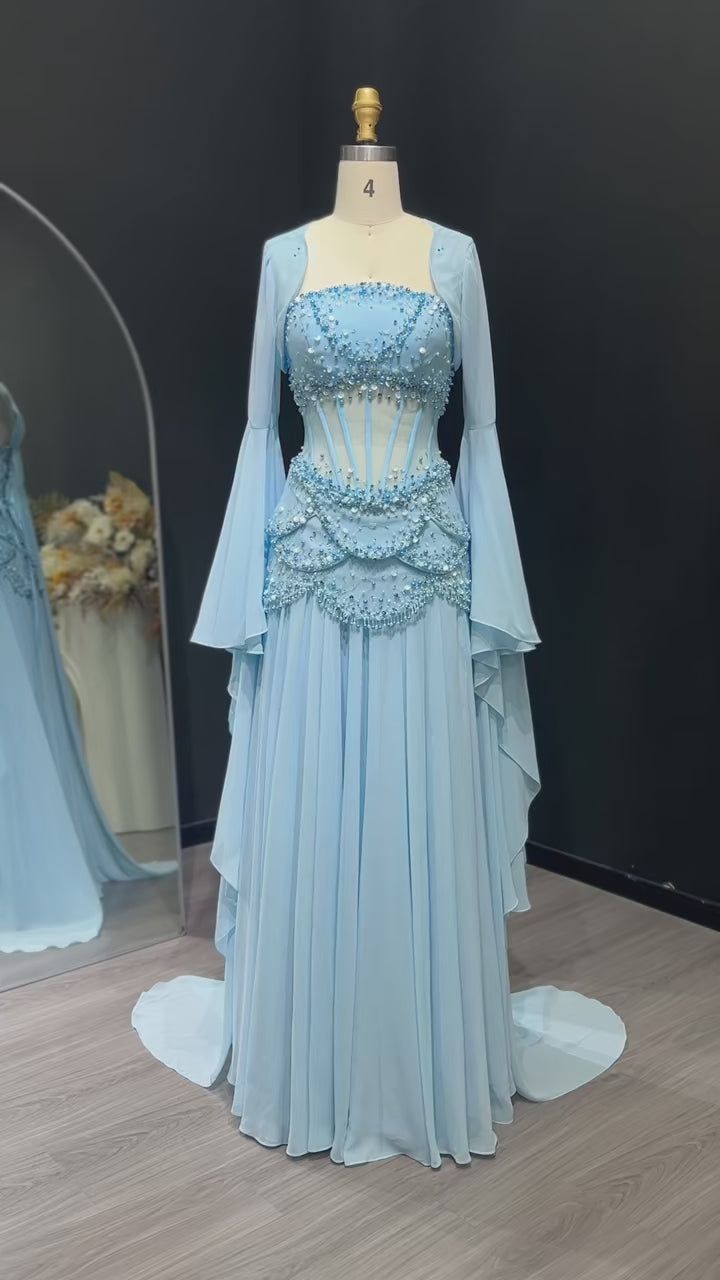 Fairy Luxury Court Style Light Blue Beaded Sheer-Sleeve Train Gown - Ocean Theme Wedding & Ball Dress NV6382
