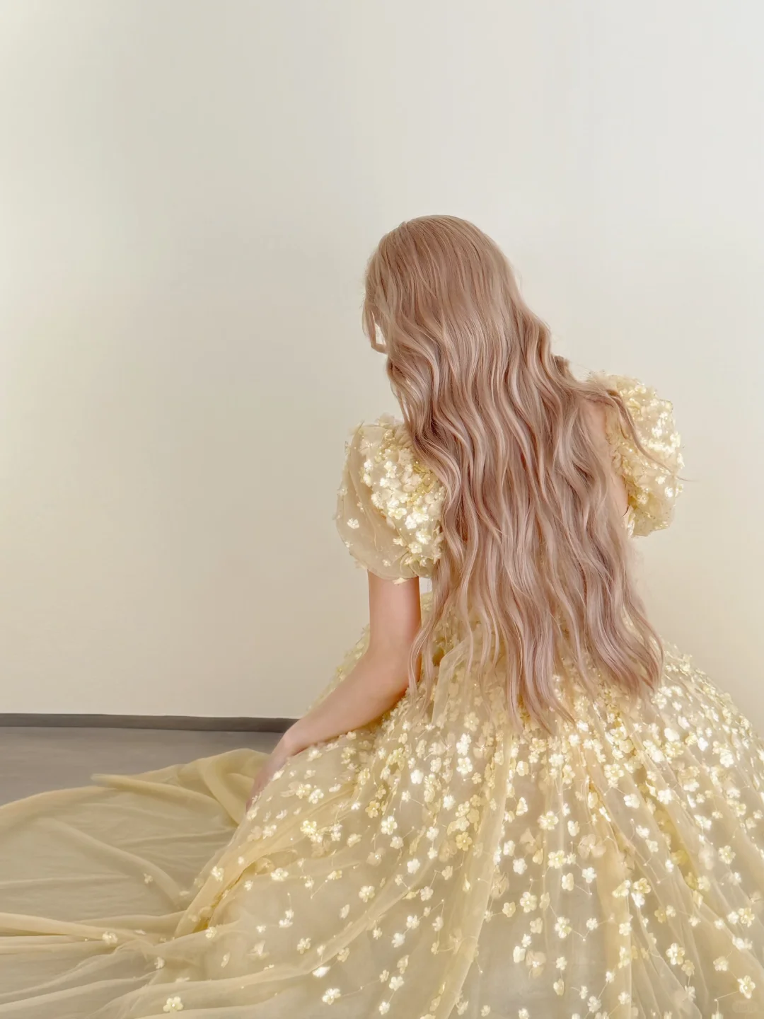 Pale Yellow Puff Sleeve 3D Floral Tulle A-Line Prom Gown  NV7183