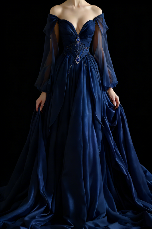 Navy Blue Palace-style Off-the-shoulder Gown: Gemstone Trim, Sheer Sleeve, Evening Luxury Maxi Dress NV6421