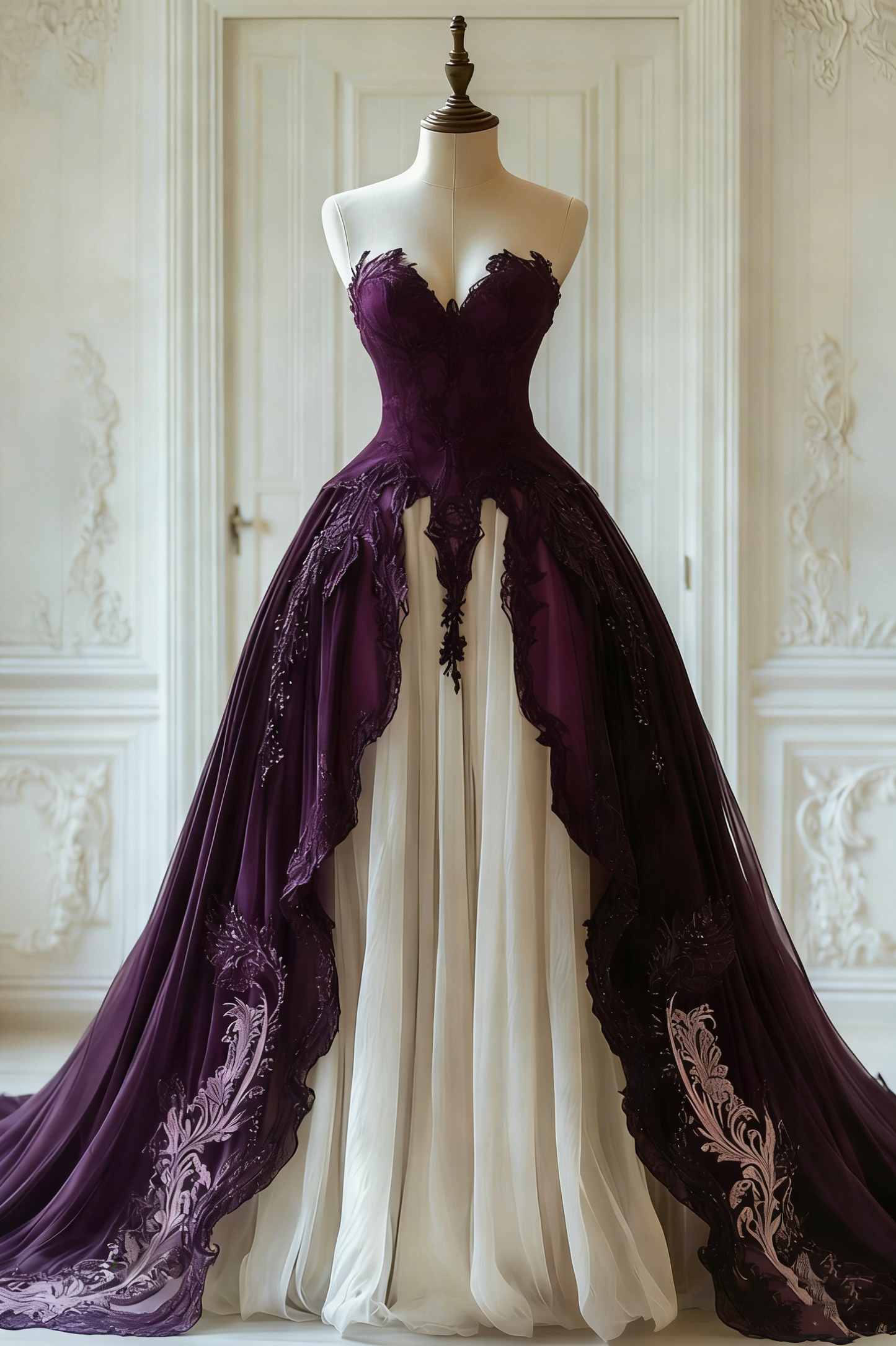 NiceVestidos-Black and White Lace Tulle Paneled Butterfly Sleeve Floor-Length Gothic Gown NV6172