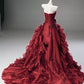 NiceVestidos-Burgundy 3D Floral Tulle Strapless Sleeveless Floor-Length Train Ball Gown NV6181