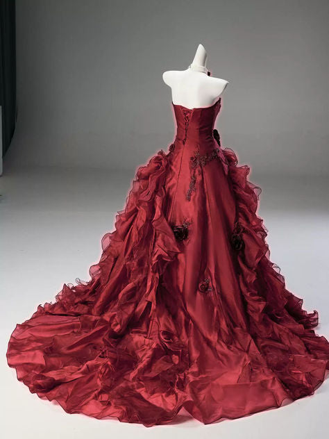 NiceVestidos-Burgundy 3D Floral Tulle Strapless Sleeveless Floor-Length Train Ball Gown NV6181