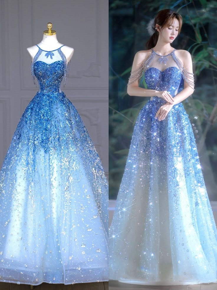 Blue luxurious beaded, sparkling, gorgeous wedding gown, beaded, sequined, floor-length princess ball gown nv5060
