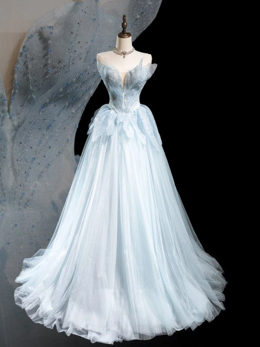 Light blue elegant sweet exquisite beaded long tulle ball gown evening dress Graduation dress adult dress nv3778
