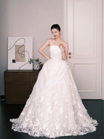 3D Floral Ball Gown Wedding Dress Strapless Satin Bridal Gown  NV7253
