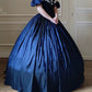 Blaues Taft Vintage A-Linie Spitzenkragen blaue Schleife elegantes langes Ballkleid Ballkleid Abendkleid nv2628