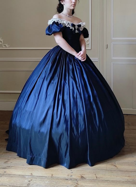 Blaues Taft Vintage A-Linie Spitzenkragen blaue Schleife elegantes langes Ballkleid Ballkleid Abendkleid nv2628