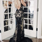 Wedding Dress Sexy Gothic Style Spaghetti Strap Lace Gown | Black Tulle x Nude Mermaid Train Maxi Dress for Gala Party Red Carpet Retro Theme Event NV6264
