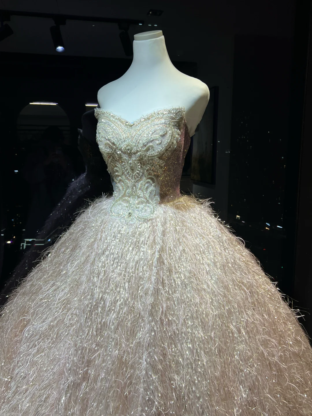 Light Pink Strapless Ball Gown, Sweetheart Neck Beaded Embroidery Sparkly Feather Tassel Skirt Prom Dress  NV7090