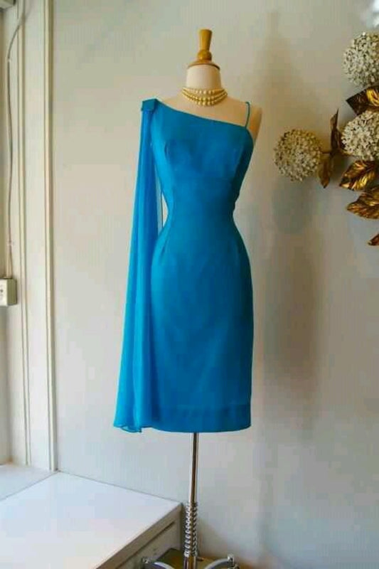 NiceVestidos - Blaues, stilvolles, mittellanges Chiffon-Heimkehrkleid mit One-Shoulder-Träger Nv5639