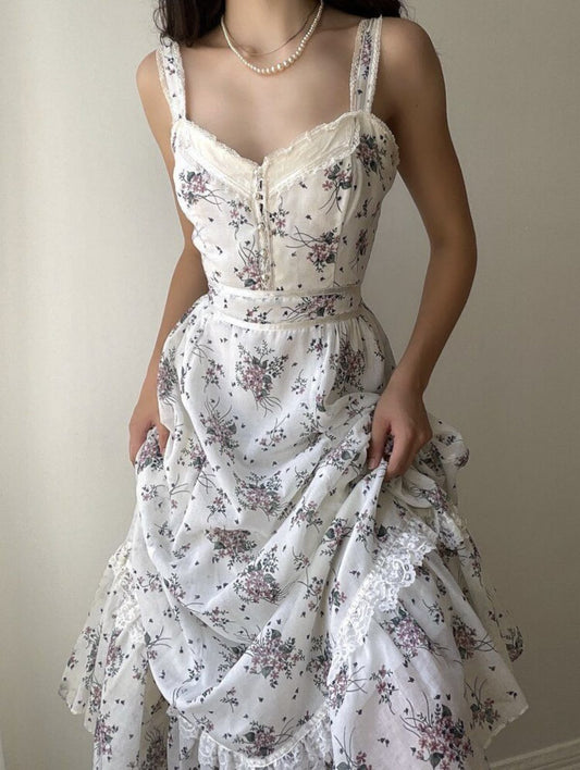 NiceVestidos--Vintage Floral Lace Spaghetti Strap Waist-Cinched Flared Hem Bohemian Long Dress  NV5904