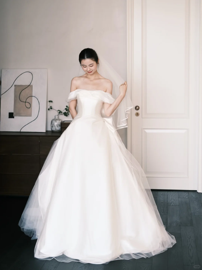Off The Shoulder Satin Tulle Bridal Gown, Big Bow Ballgown Wedding Dress  NV7275