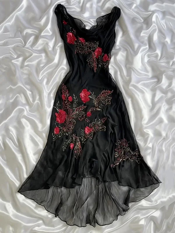 Black vintage fashion exquisite red floral beaded spaghetti straps long chiffon ball gown evening dress party dress nv3588