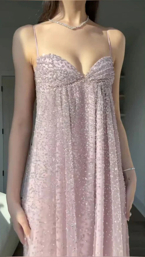 Pink gorgeous shiny spaghetti strap off-shoulder long chiffon prom dress evening dress nv5213