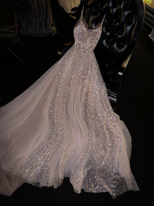 Robe de soirée longue élégante à bretelles spaghetti et col en V blanche nv3127