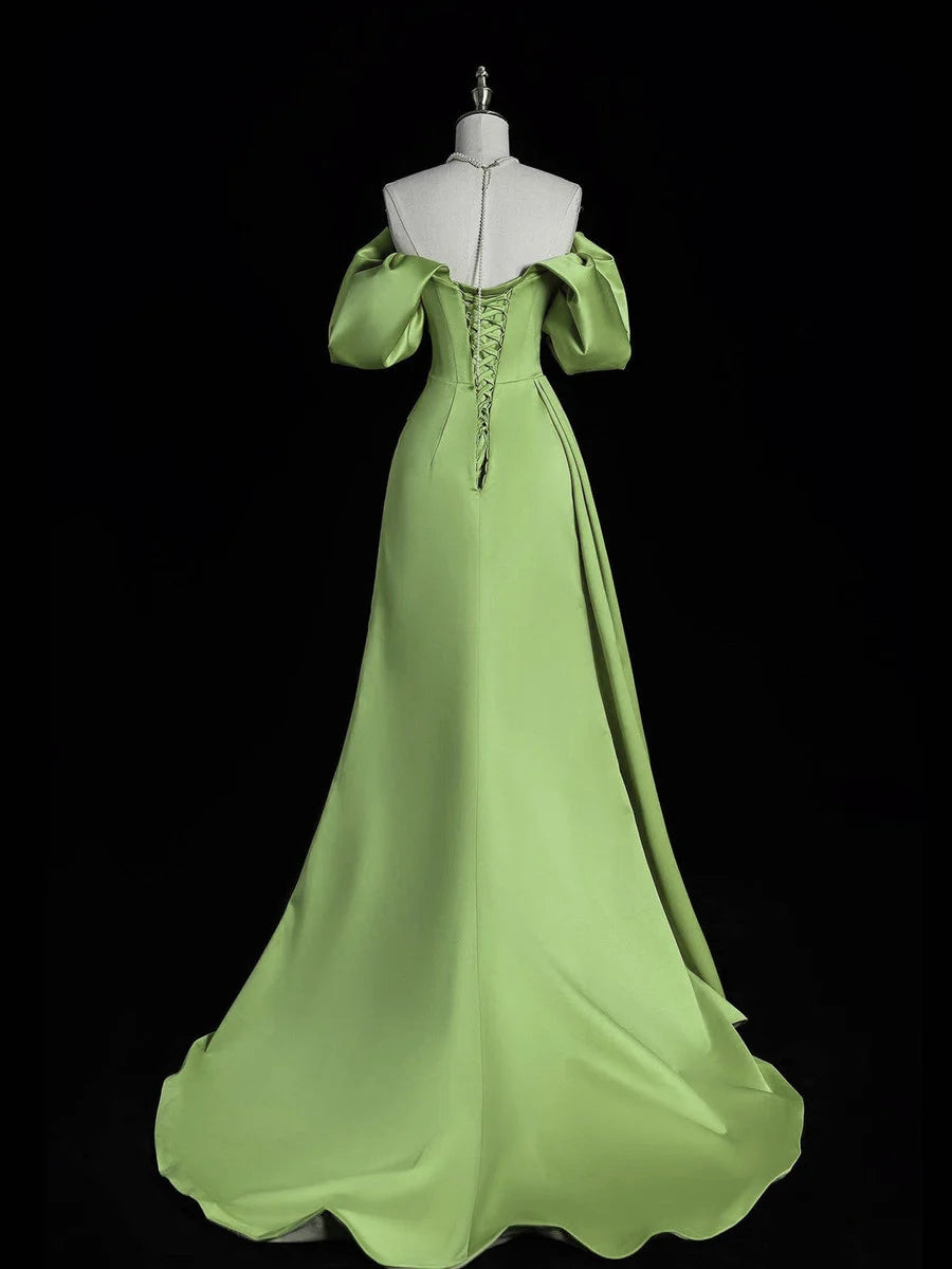 Green satin off-the-shoulder long slit gown ball gown evening dress nv4285