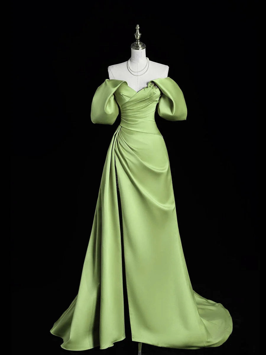 Green satin off-the-shoulder long slit gown ball gown evening dress nv4285