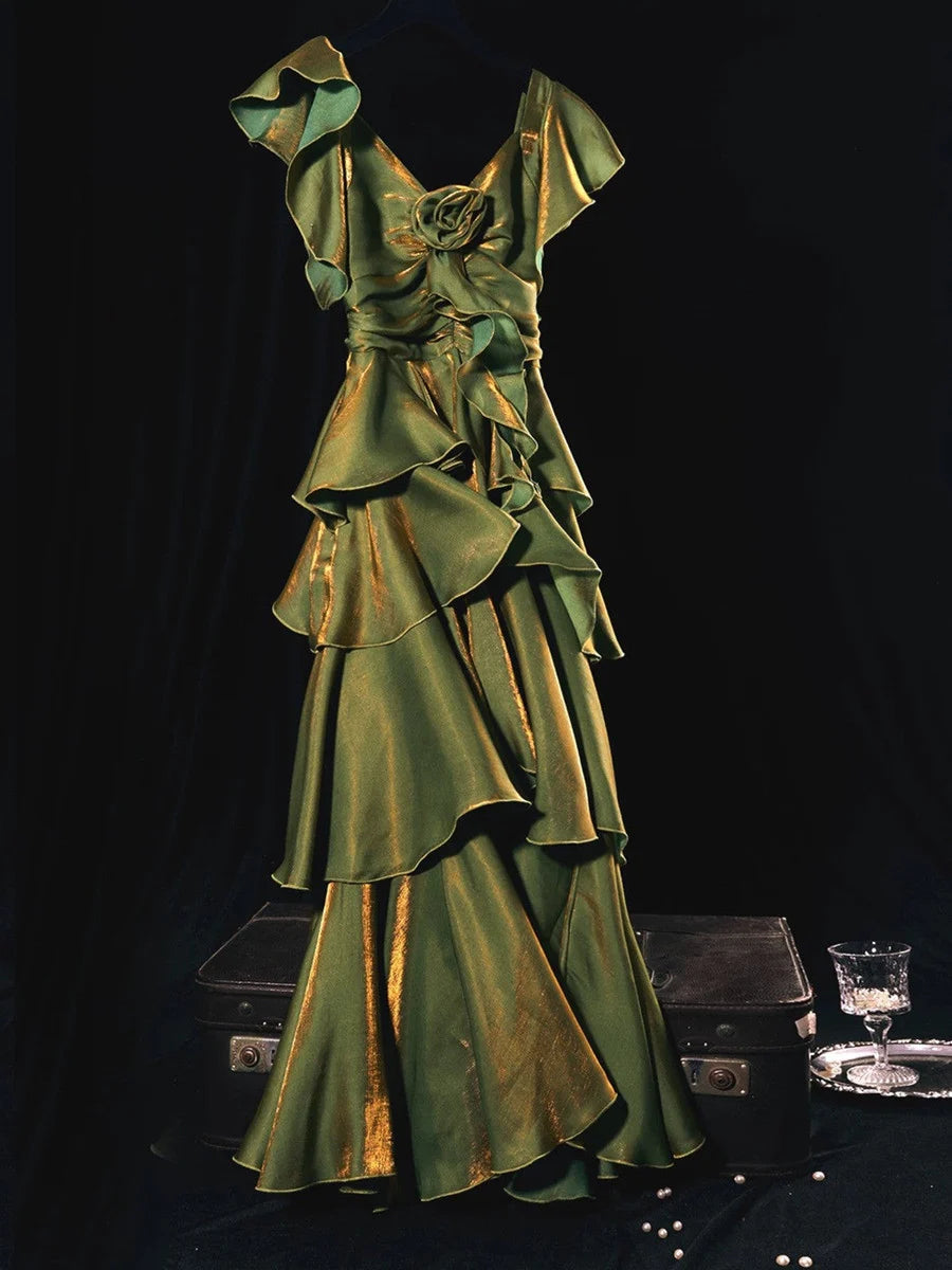Green multi-layered satin long party dress prom gown evening gown nv4282