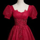 Robe de soirée trapèze bordeaux à manches courtes et perles, en tulle, longue, robe de bal, nv4280