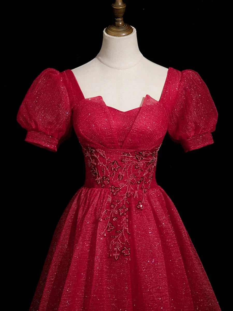 Robe de soirée trapèze bordeaux à manches courtes et perles, en tulle, longue, robe de bal, nv4280