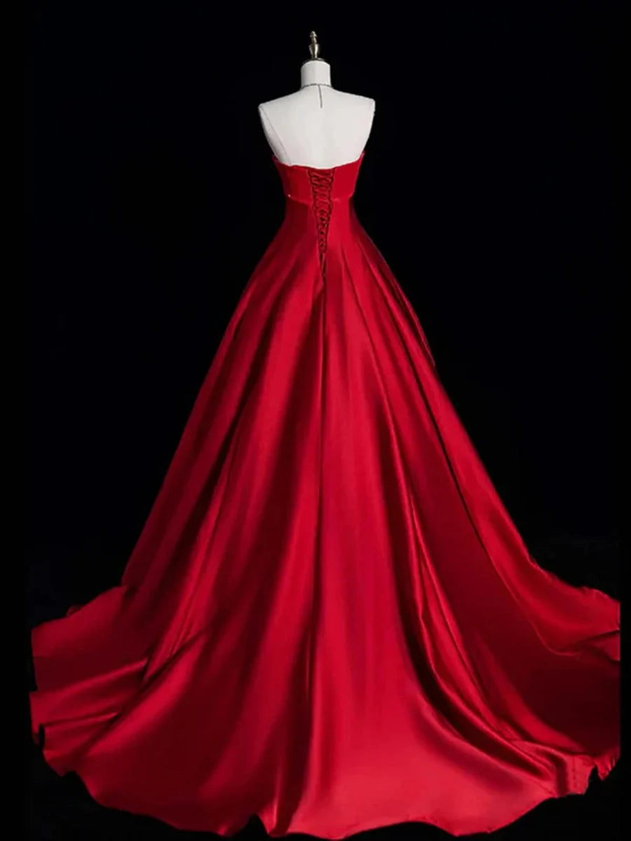 Red A-line off-shoulder satin long gown with tie party dress evening gown nv4281