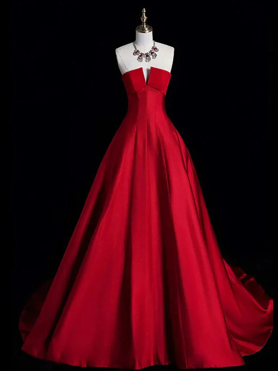 Red A-line off-shoulder satin long gown with tie party dress evening gown nv4281