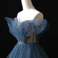 Gorgeous Blue Multi-layer Beaded Off-shoulder Ball Gown Tulle Long Evening Dress nv4278