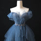 Gorgeous Blue Multi-layer Beaded Off-shoulder Ball Gown Tulle Long Evening Dress nv4278