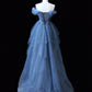 Gorgeous Blue Multi-layer Beaded Off-shoulder Ball Gown Tulle Long Evening Dress nv4278