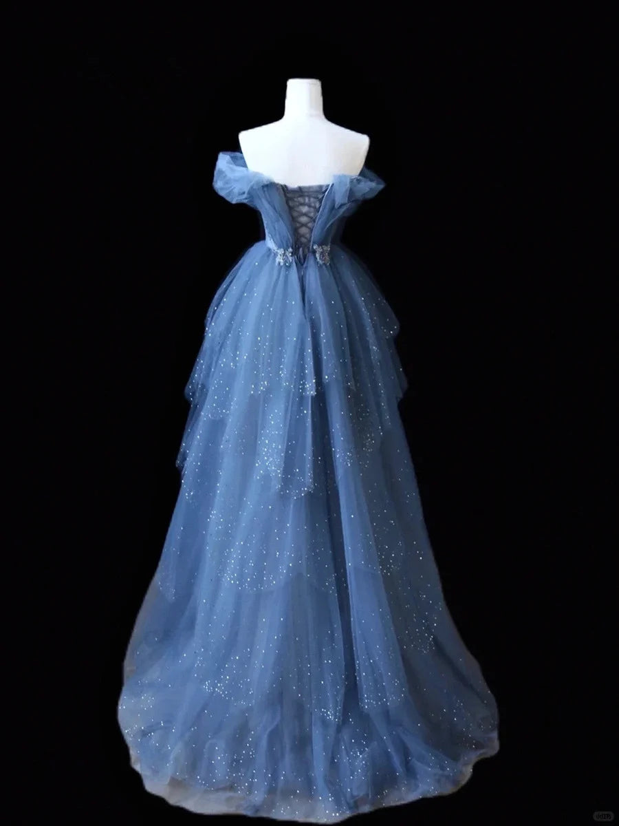 Gorgeous Blue Multi-layer Beaded Off-shoulder Ball Gown Tulle Long Evening Dress nv4278
