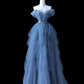 Gorgeous Blue Multi-layer Beaded Off-shoulder Ball Gown Tulle Long Evening Dress nv4278