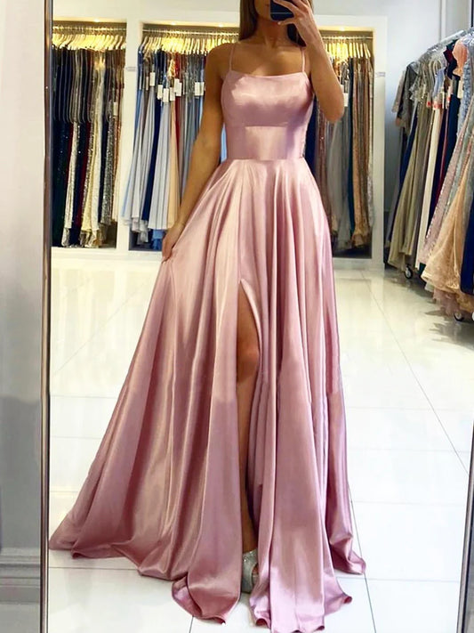 Robe de bal longue en satin rose, robe de soirée simple à dos nu en coupe A nv1561