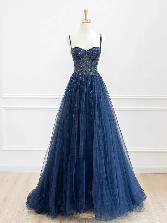 Robe de soirée longue en tulle à bretelles spaghetti bleues et paillettes, magnifique robe de soirée trapèze nv1424