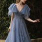 Langes A-Linien-Ballkleid aus blauem Tüll, süßes Abend- und Partykleid mit V-Ausschnitt nv1594