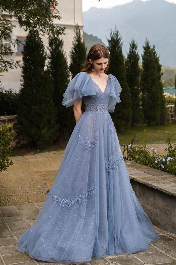 Langes A-Linien-Ballkleid aus blauem Tüll, süßes Abend- und Partykleid mit V-Ausschnitt nv1594