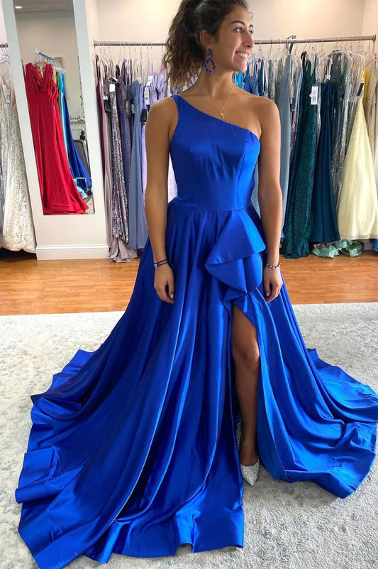 Robe de soirée longue en satin bleu, robe de soirée asymétrique nv1458