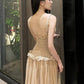 Champagne Elegant Round Neck Sleeveless Mermaid Long Chiffon prom dress Evening Dress Party Dress nv3748