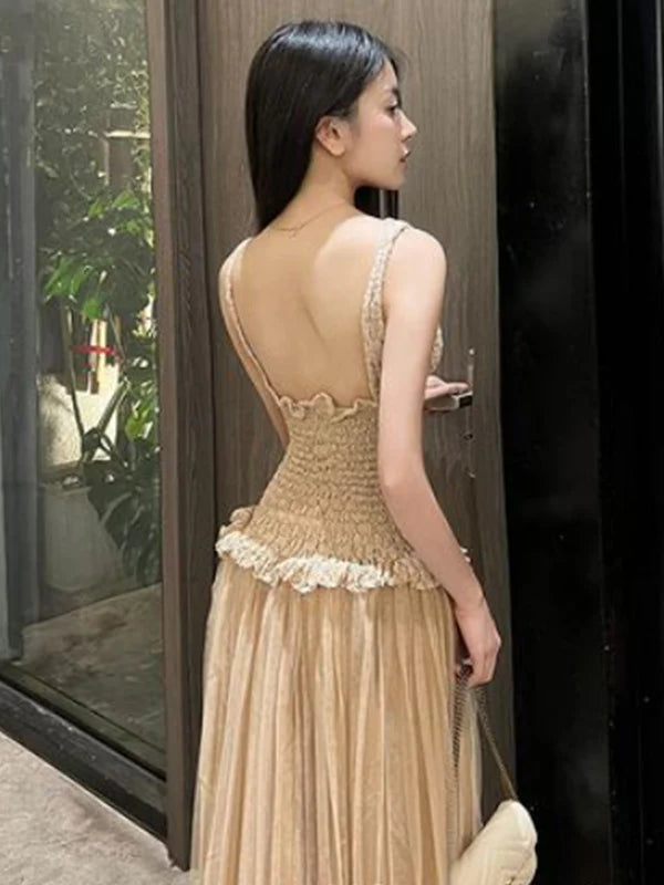 Champagne Elegant Round Neck Sleeveless Mermaid Long Chiffon prom dress Evening Dress Party Dress nv3748