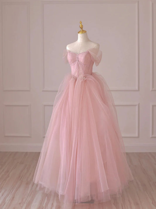 Robe de soirée longue en tulle et dentelle rose, robe de soirée à épaules dénudées nv1575