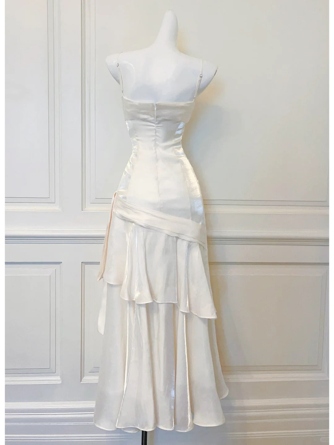 White simple fashion long spaghetti strap satin prom dress nv5423