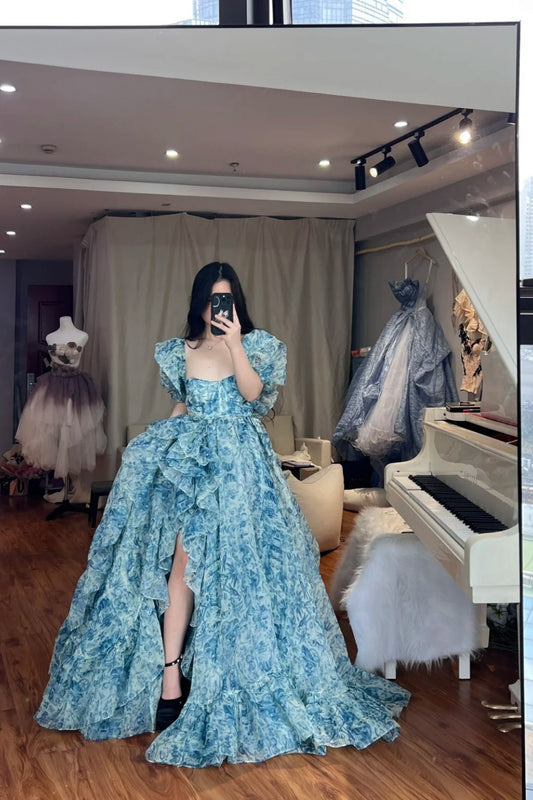 Blue floral long tulle dress NV6652