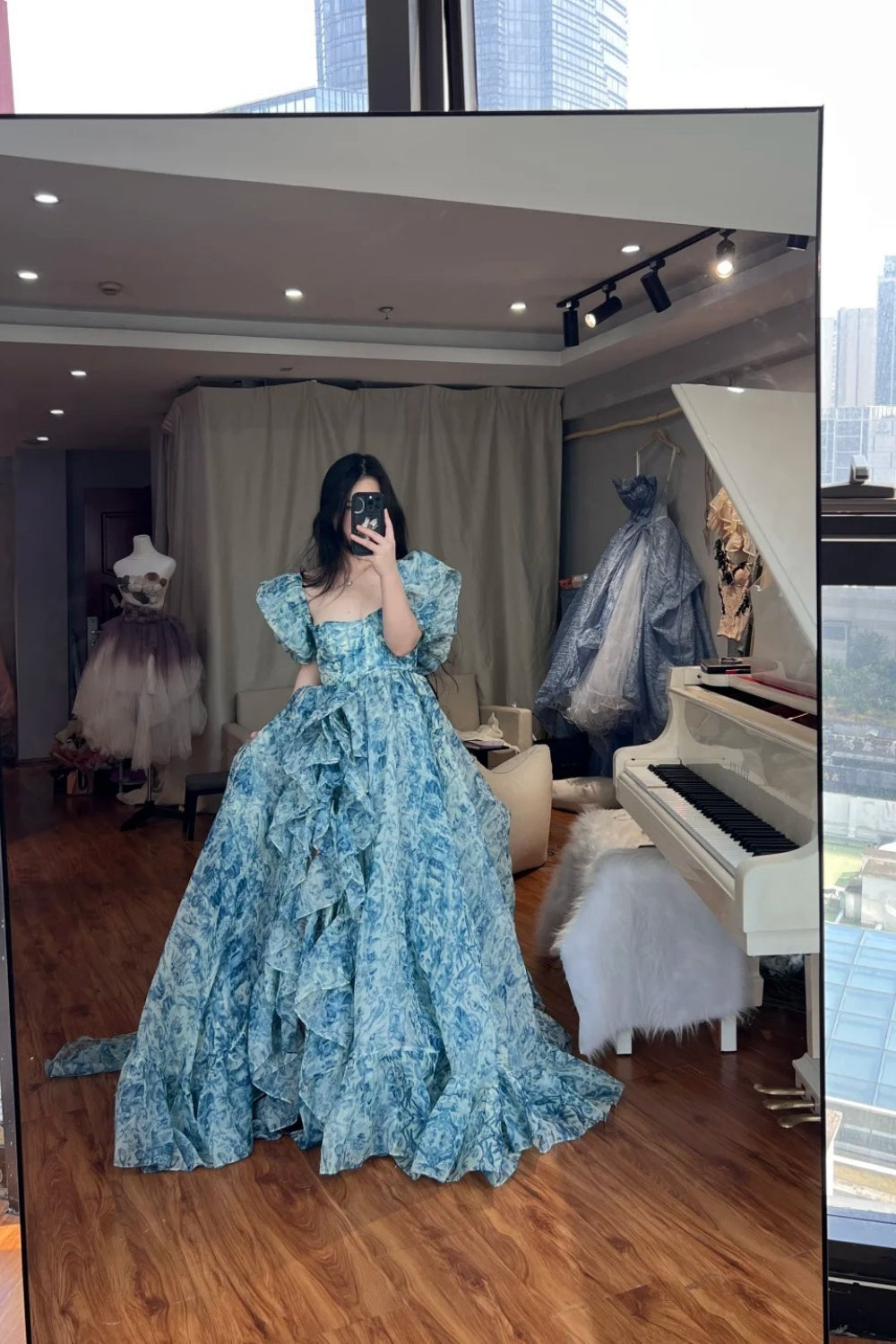 Blue floral long tulle dress NV6652