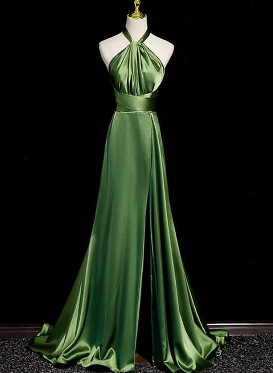 Grünes, weiches Satin-Neckholder-Abendkleid, langes Partykleid, grünes A-Linien-Ballkleid nv1593