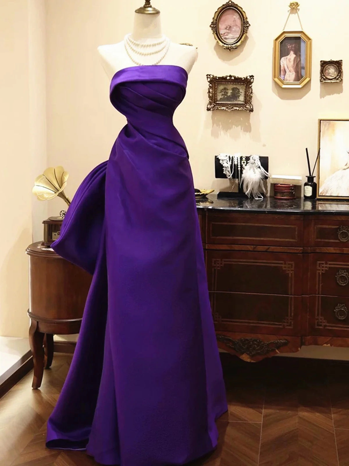 Robe de soirée longue violette élégante, col rond, coupe trapèze, longueur au sol, en satin, avec nœud papillon, robe de bal, nv3845