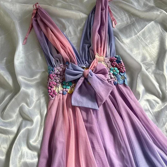 NiceVestidos--Gradient Homecoming Dress Purple Pink Fashion Gradient Exquisite Floral Short Chiffon Flower Fairy Dress Elf Dress Nv5582