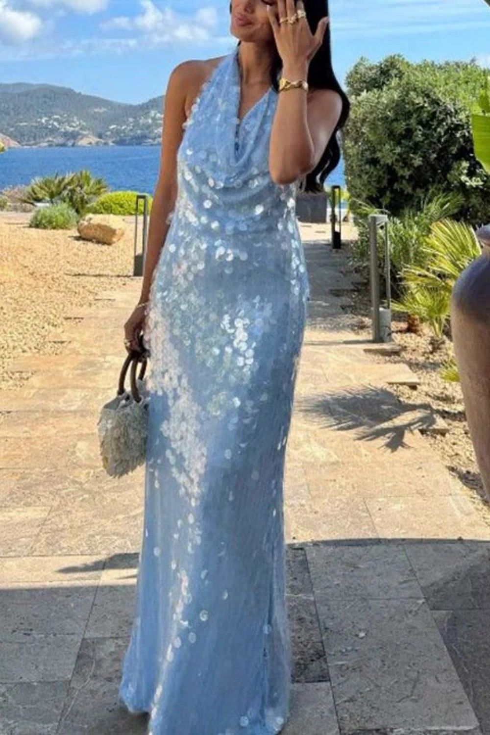 Glitzernde Pailletten Blau Neckholder Rückenfrei Meerjungfrau Langes Abendkleid, Ballkleid nv5338